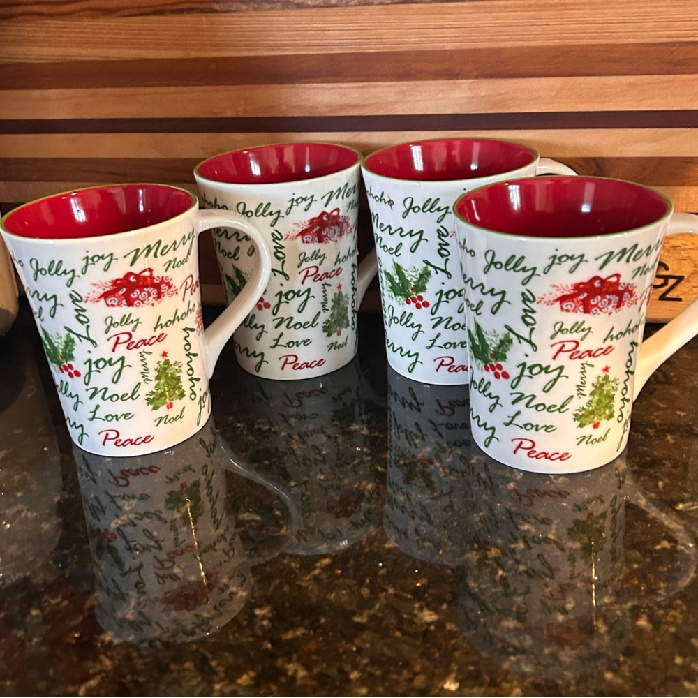 4 Vintage Starbucks 2007  Christmas Holiday Coffee Mug Cup Peace Joy Jolly 12 Oz